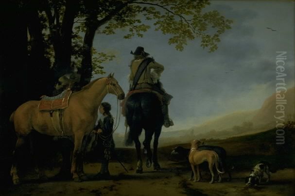 Two Horsemen in a Landscape Oil Painting by Abraham Van Calraet Two Horsemen in a Landscape Oil Painting by Abraham Van Calraet