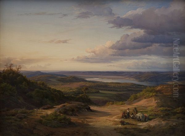 A Landscape near Himmelbjerget, Jutland. In the Foreground a Gypsy Family Oil Painting by Louis Gurlitt