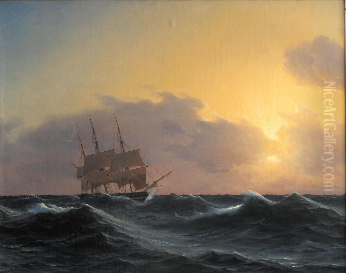 Fregat i en storm med rebede undersejl Oil Painting by Carl Dahl