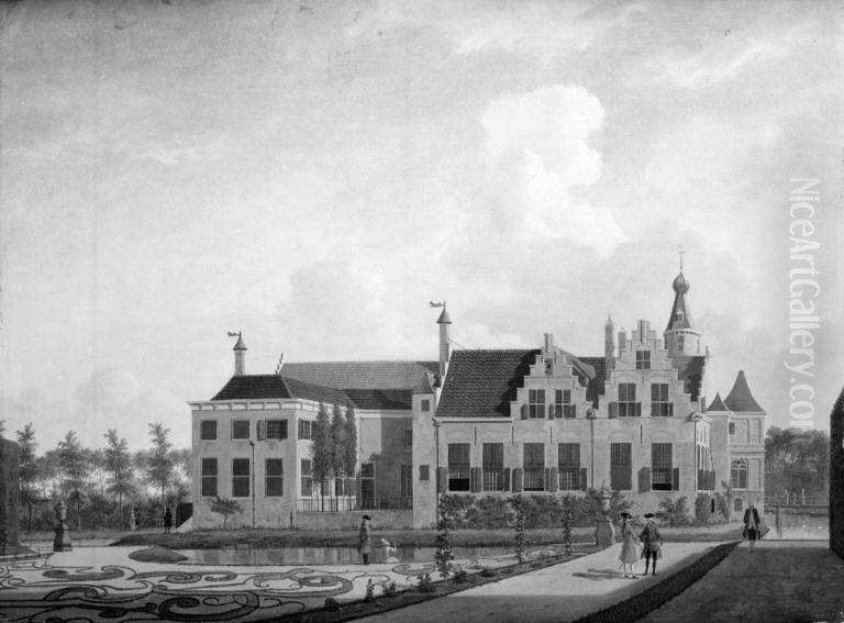 A Dutch Manor Oil Painting by Jan ten Compe