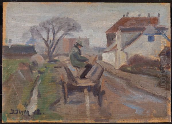 The Painter Olund Hansen Sitting in a Wagon Painting Oil Painting by Immanuel Ibsen