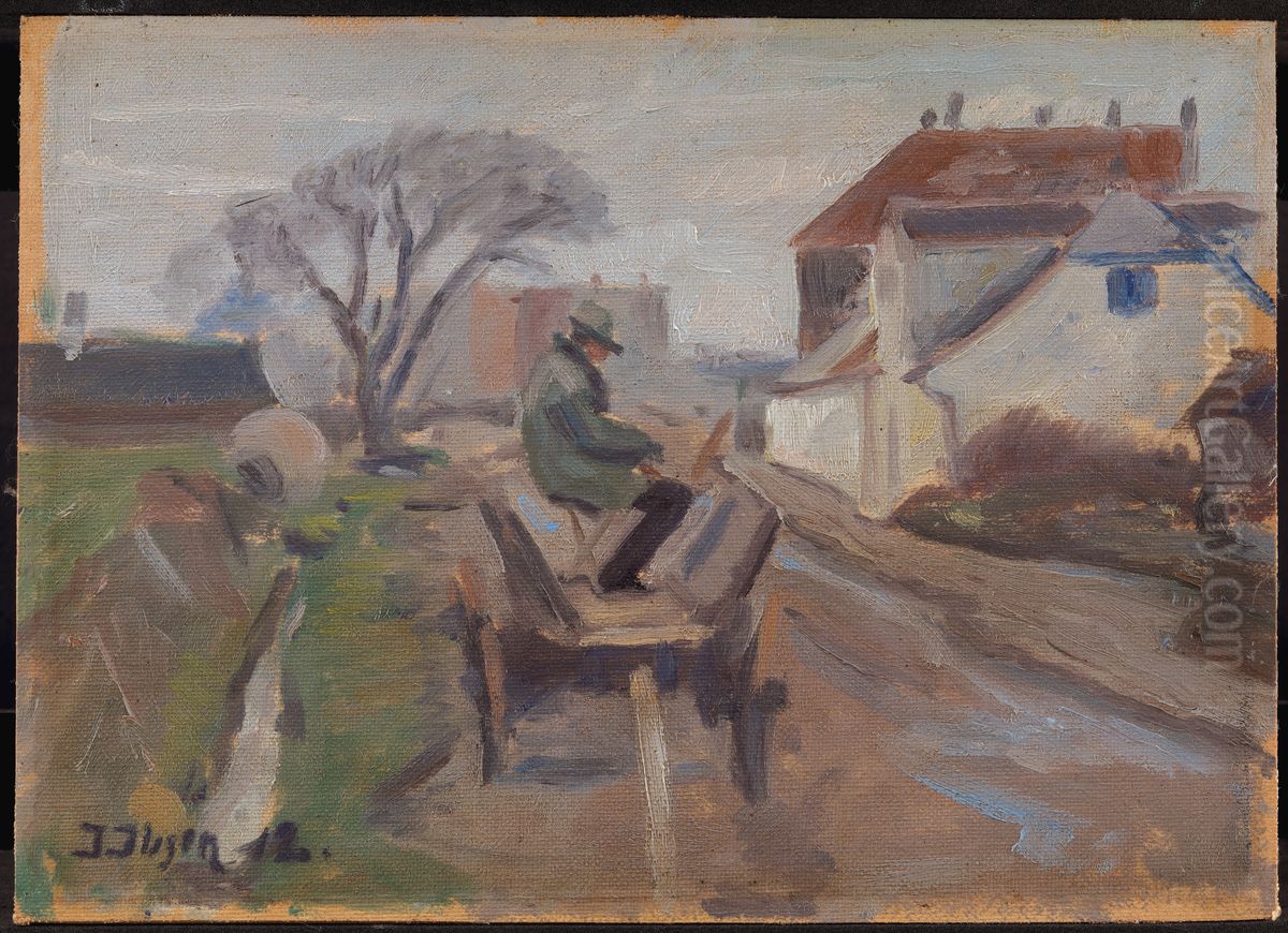 Maleren Olund-Hansen maler siddende i en vogn Oil Painting by Immanuel Ibsen
