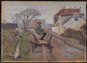 Maleren Olund-Hansen maler siddende i en vogn