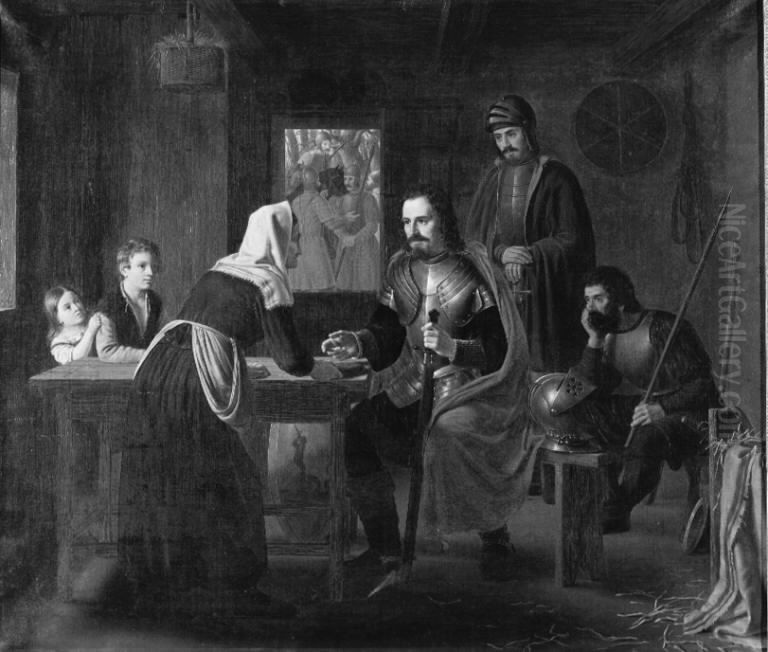 Niels Ebbesen besoger en fattig kone pa vej til Randers, morgenen efter grev Gerts dod Oil Painting by Johan Peter Raadsig