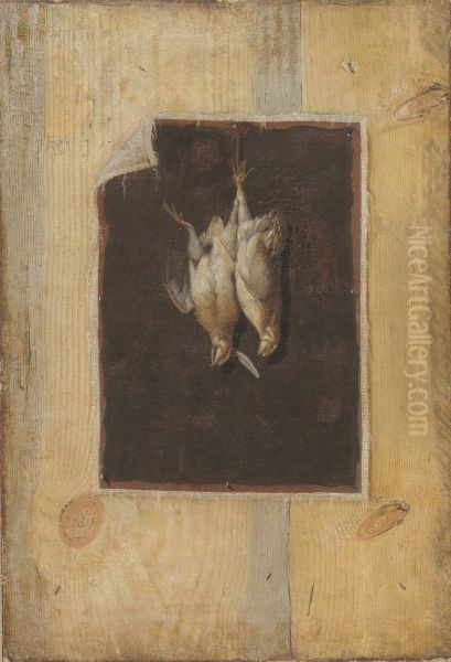 Trompe l'oeil. Braeddevaeg med stilleben af to dode fugle ophaengt pa en vaeg Oil Painting by Cornelis Norbertus Gijsbrechts