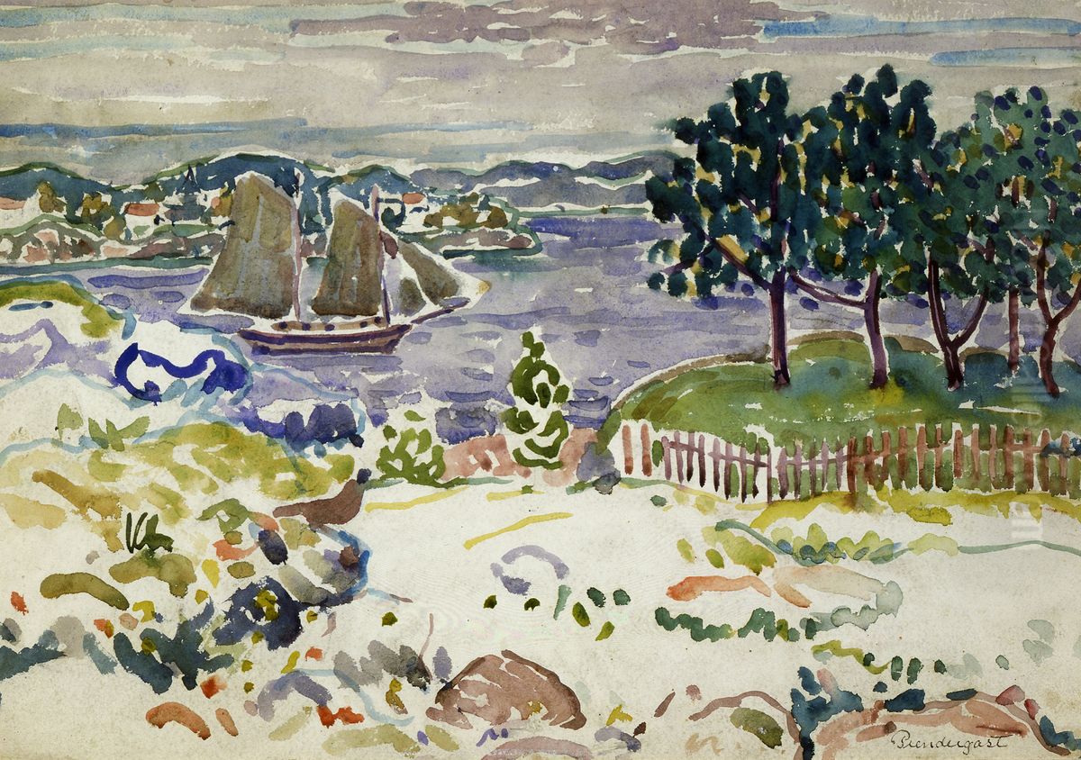 Inlet with Sailboat, Maine Oil Painting by unknown