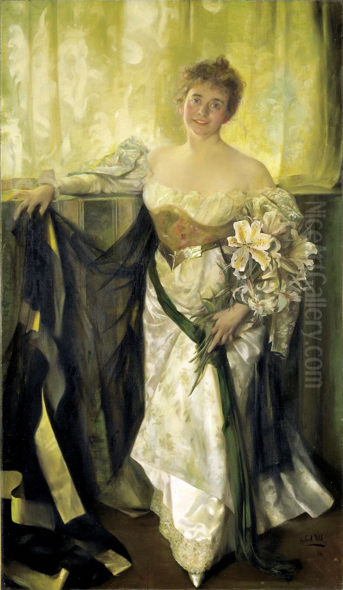 Alice Barney in White Satin Oil Painting by Hubert Vos