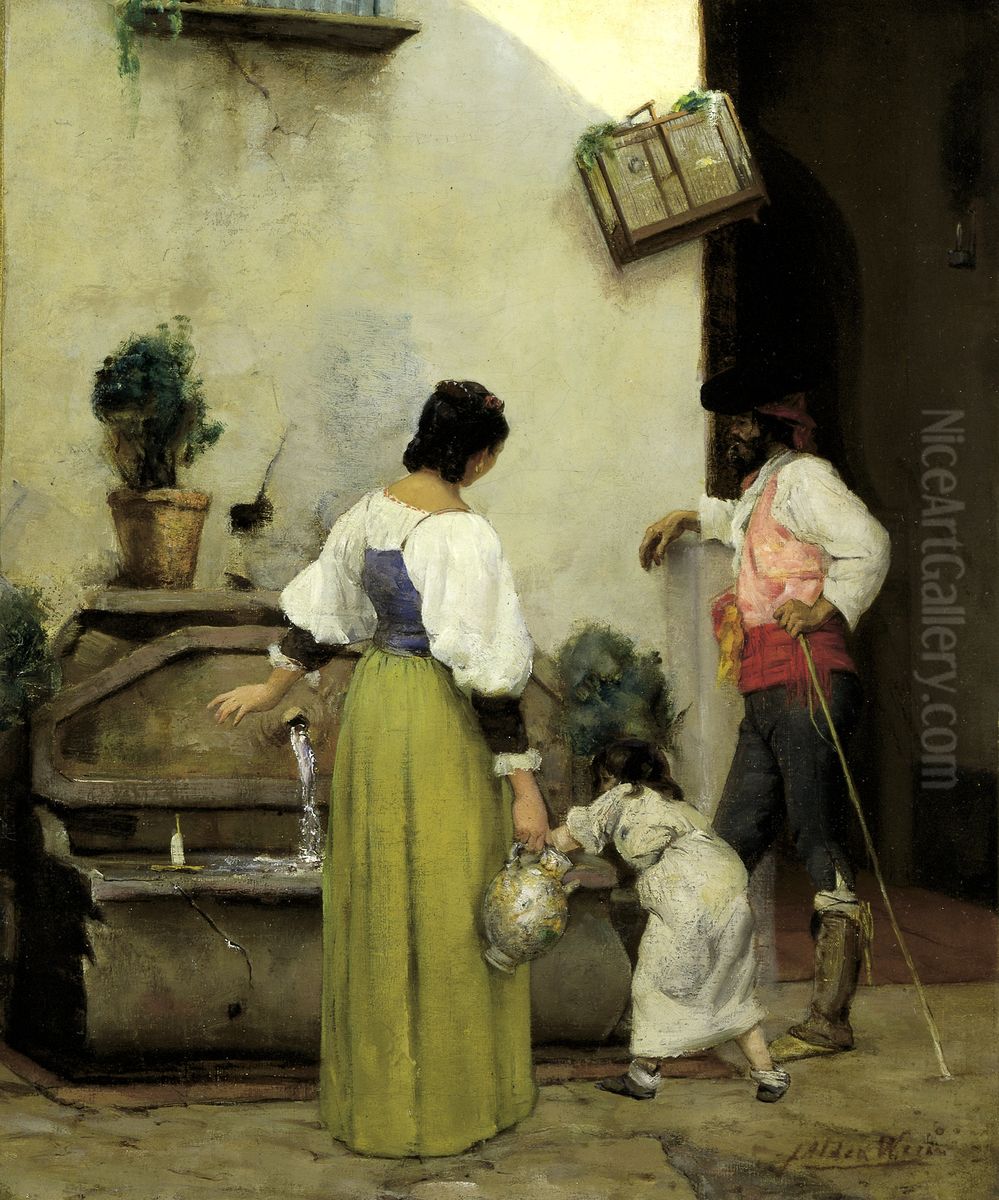 At the Water Trough Oil Painting by J. Alden Weir