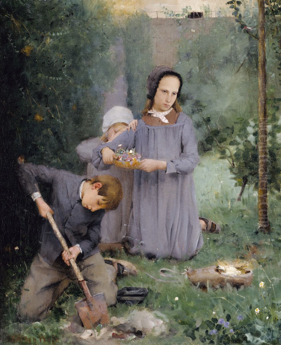 Children Burying a Bird Oil Painting by J. Alden Weir