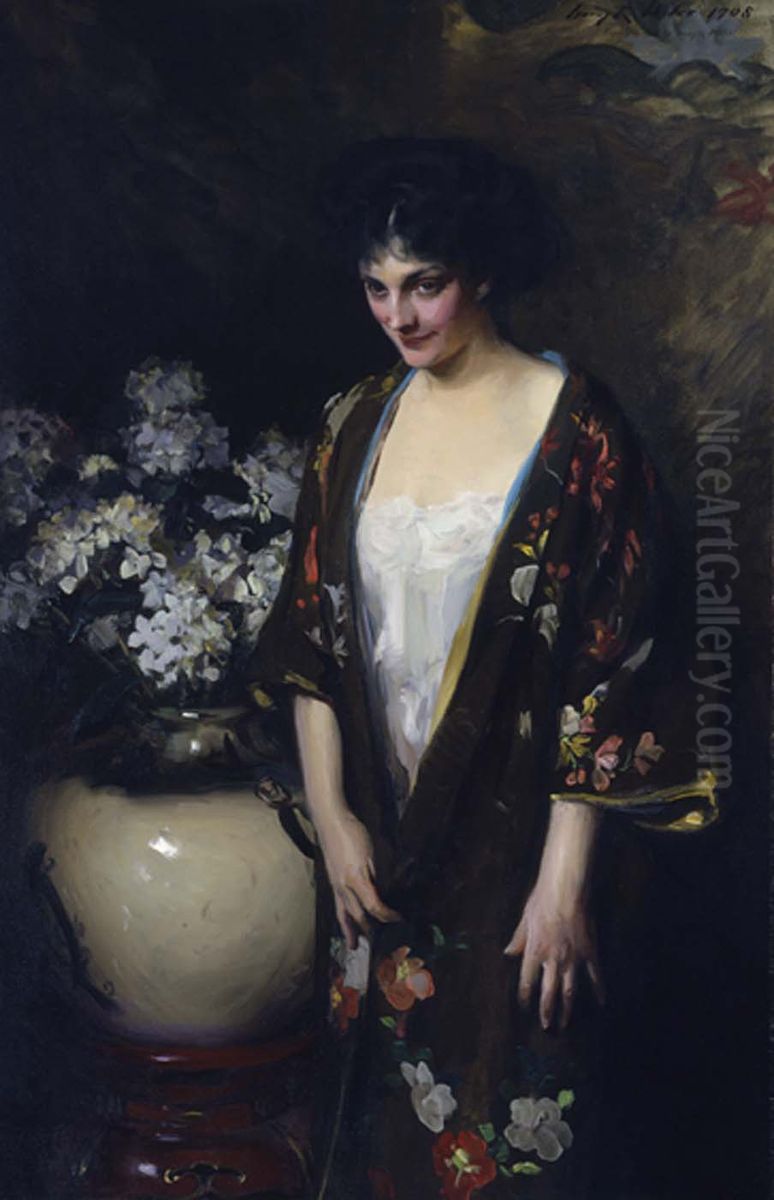 Brown Kimono (Portrait of Kathryn Beta la Forque) Oil Painting by Irving Ramsay Wiles