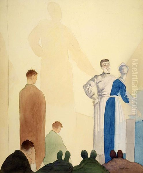 Hospital--On the Stretcher Where I Lay I Opened My Eyes and Great Shadows Quivered on the Wall... The Feet of the Row in Front of Me Stuck Up Like Footlights at the Play Oil Painting by Claggett Wilson
