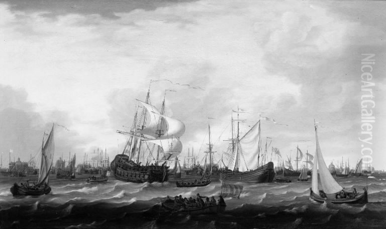 Ships on the Sea off Amsterdam Oil Painting by Adam Silo
