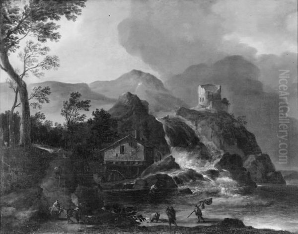 Mountain Landscape with a Watermill and Castle Ruins Oil Painting by Willem Van Bemmel