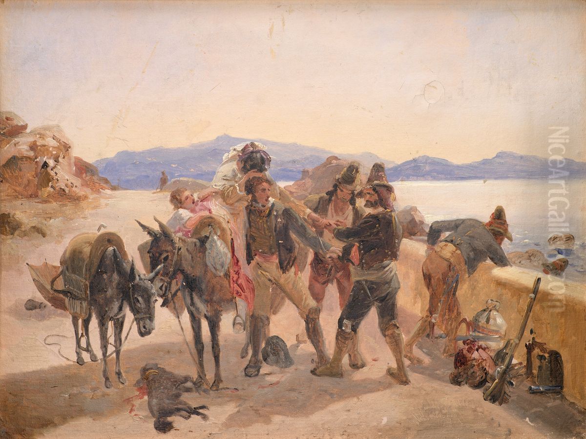 Rauber greifen Reisende an Oil Painting by Johann Baptist Kirner