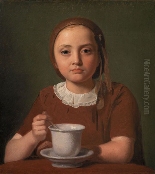 En lille pige, Elise Kobke, med en kop foran sig Oil Painting by Constantin Hansen