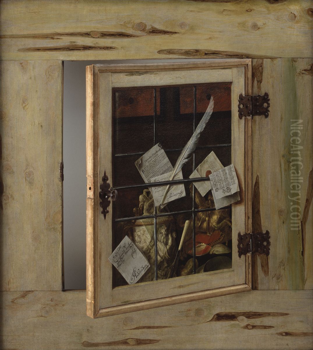 Et kunstkammerskab med elfenbenskrus og andre kunstkammergenstande Oil Painting by Cornelis Norbertus Gijsbrechts