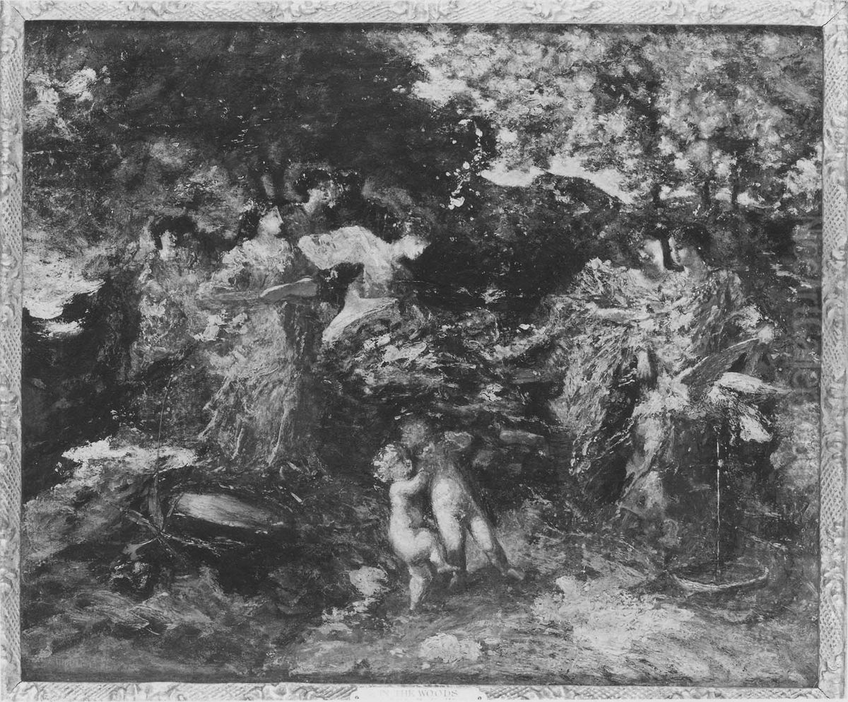 Women and Cherubs in a Glen Oil Painting by Adolphe Joseph Thomas Monticelli