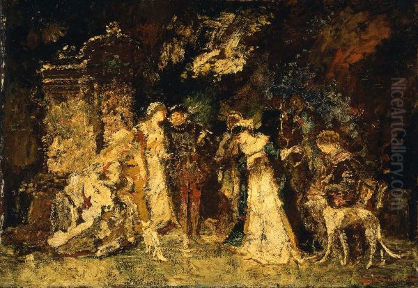 Figures in Renaissance Costume Oil Painting by Adolphe Joseph Thomas Monticelli
