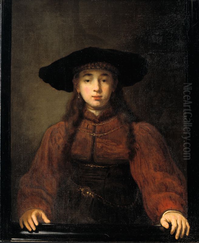 A Young Woman Resting her Hands on the Picture Frame Oil Painting by Rembrandt