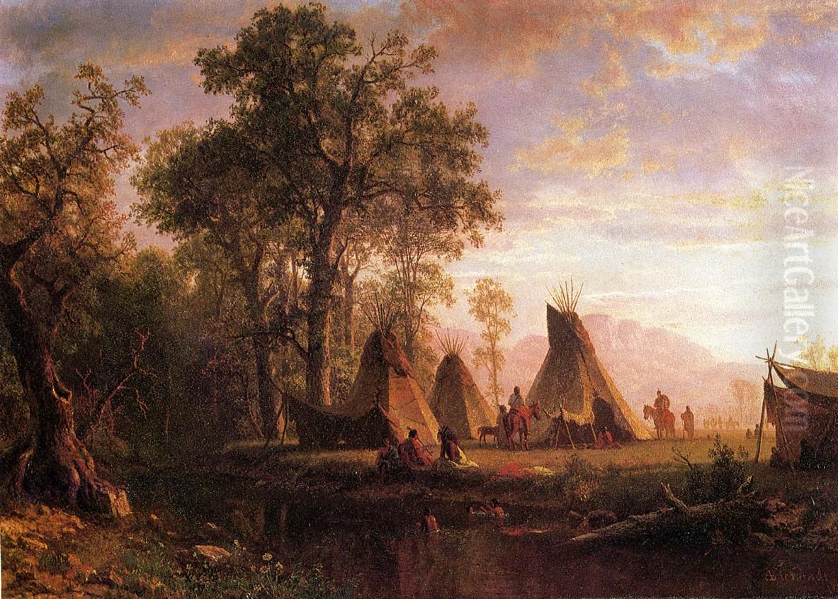 Indian Encampment, Late Afternoon Oil Painting by Albert Bierstadt Indian Encampment, Late Afternoon Oil Painting by Albert Bierstadt