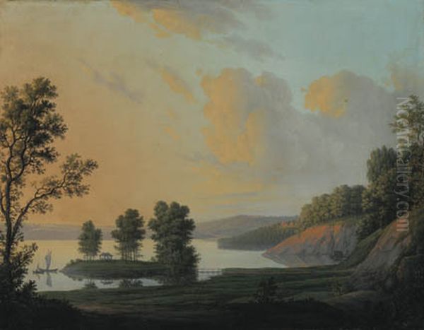 View of the Manor of Dronninggaard across Lake Fure, North Zealand. Oil Painting by Eric Paulsen