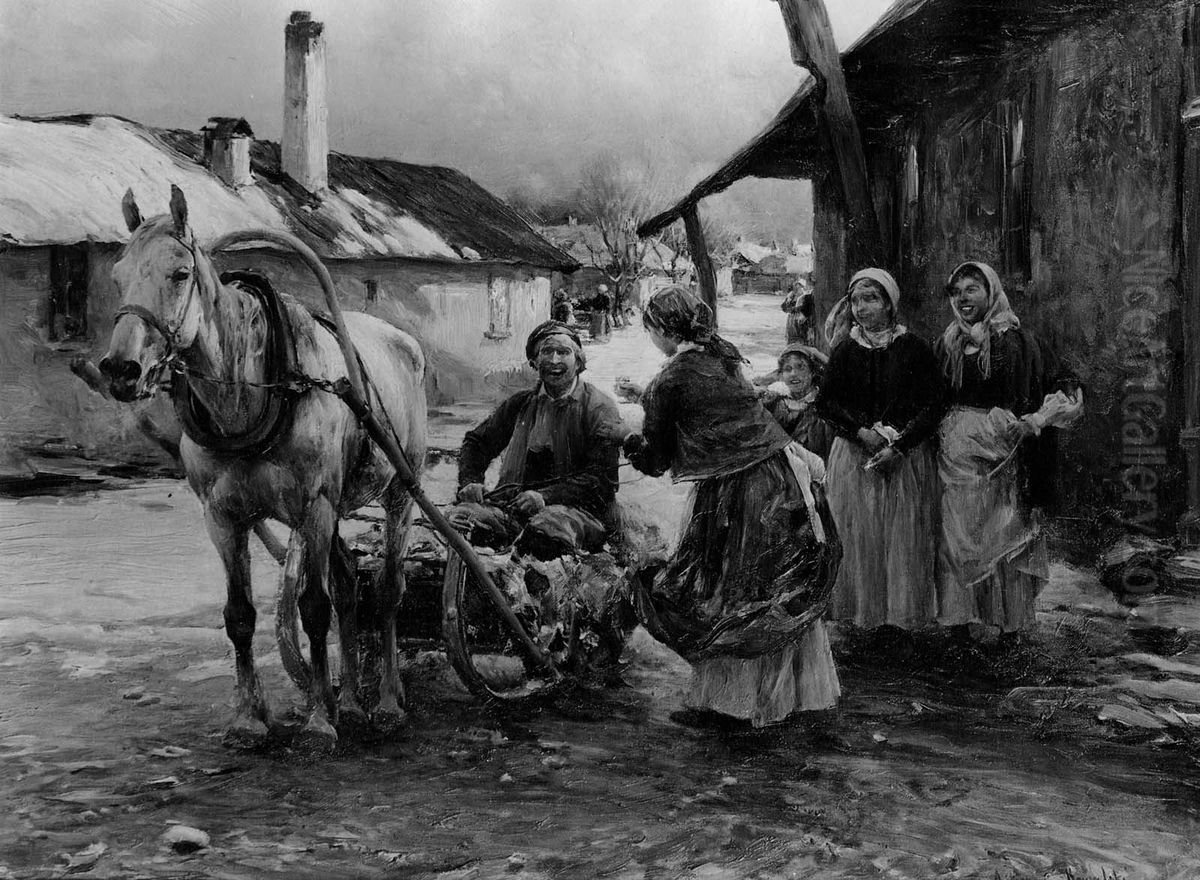 In a Polish Village Oil Painting by Alfred Wierusz-Kowalski