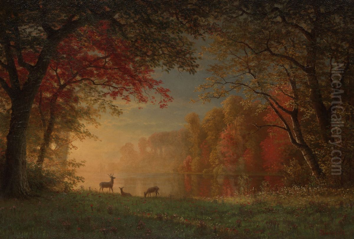 Deer by a Lake Oil Painting by Albert Bierstadt