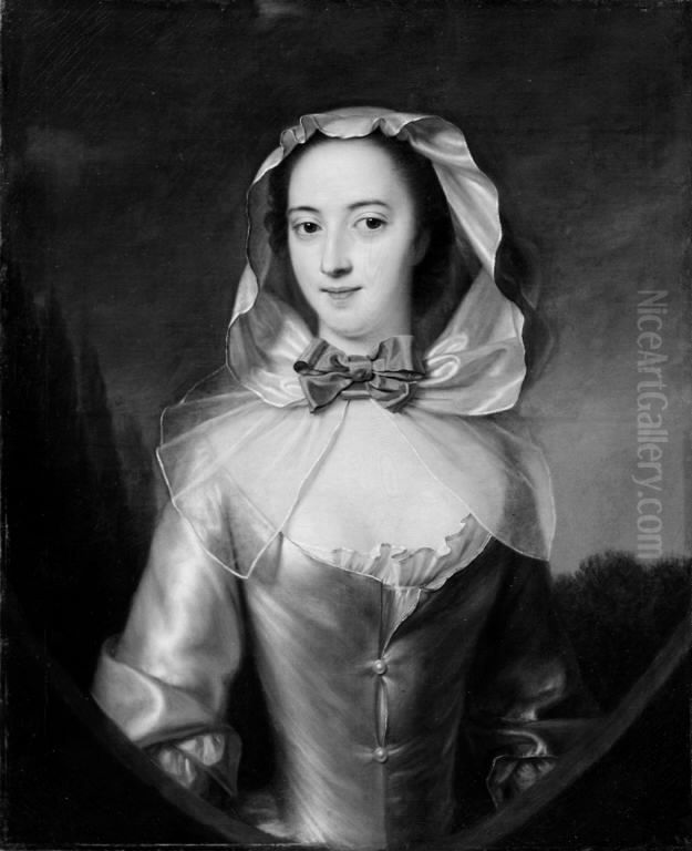 Dame i gralig silkekjole og los haette Oil Painting by Andreas Moller