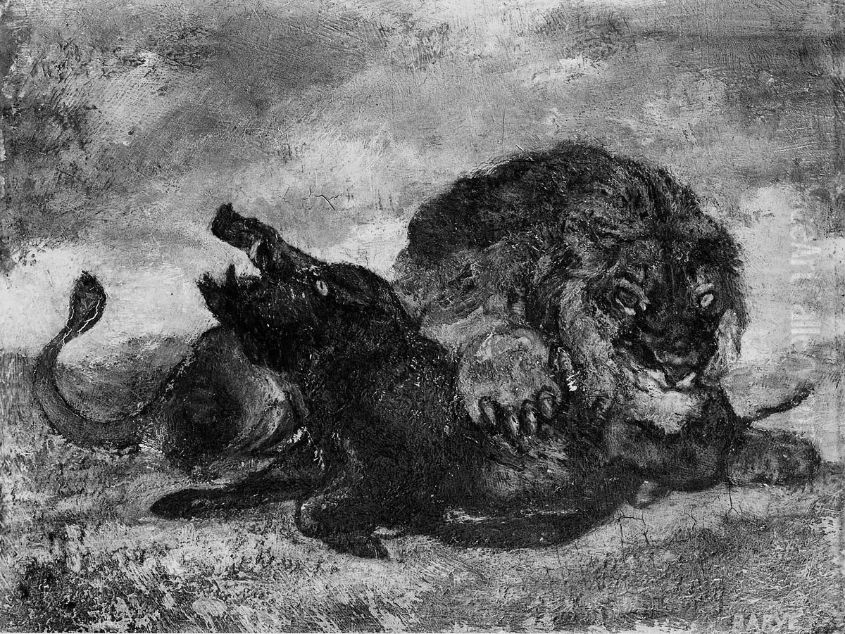 Lion and Boar Oil Painting by Antoine-louis Barye