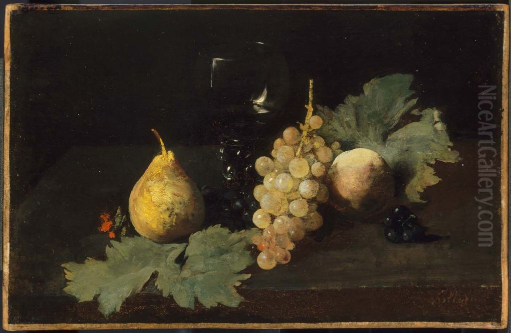 Fruit and a Wineglass Oil Painting by Antoine Vollon
