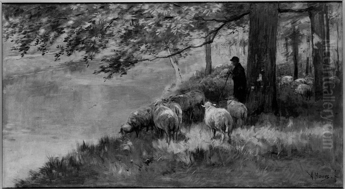 Shepherd and Sheep under the Trees Oil Painting by Anton Mauve