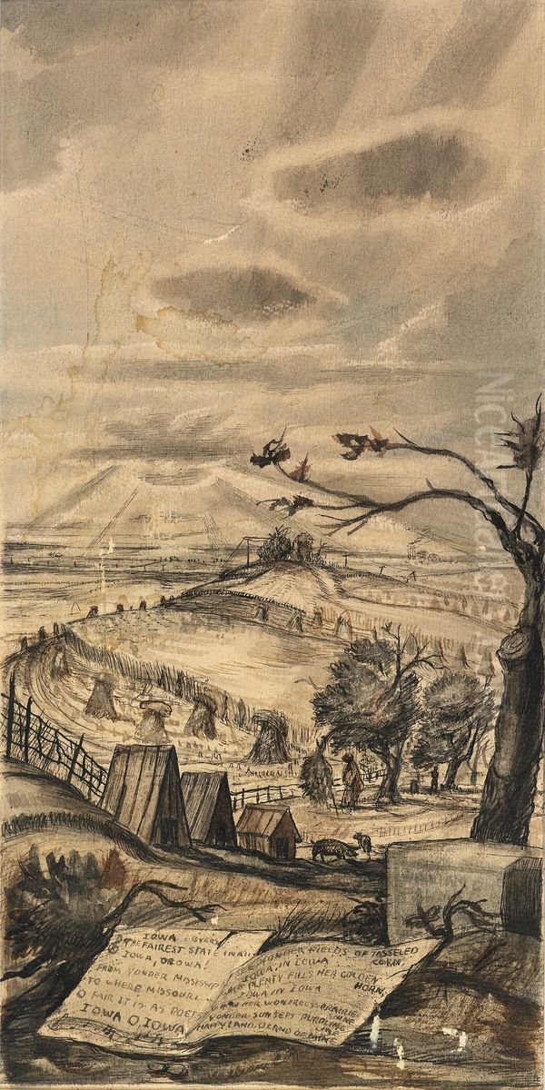 Iowa Landscape (mural study, right panel of triptych for Monticello, Iowa Post Office) Oil Painting by William C. Palmer
