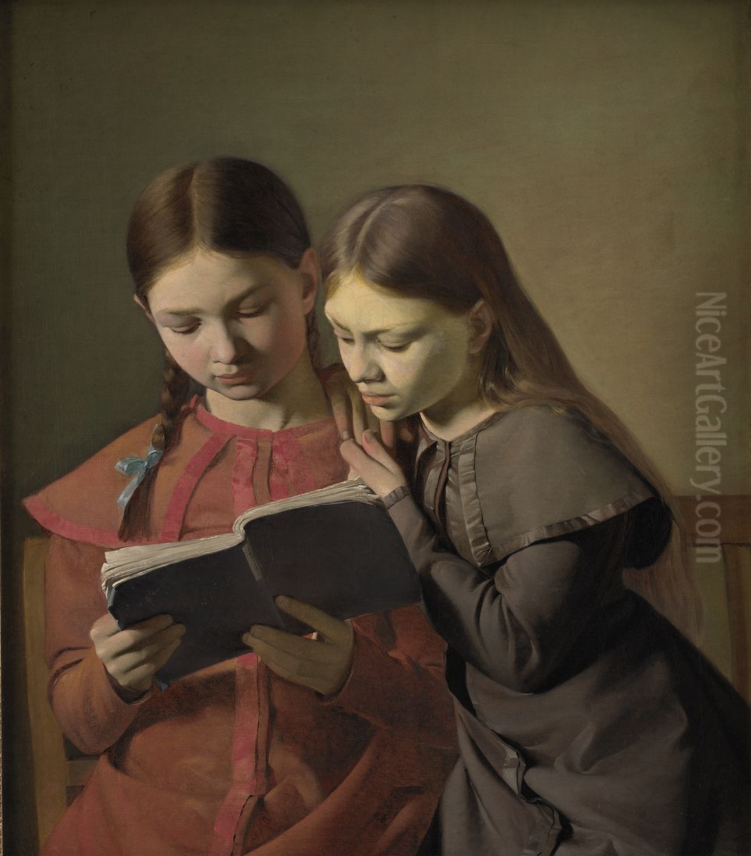 Kunstnerens sostre Signe og Henriette laesende i en bog Oil Painting by Constantin Hansen