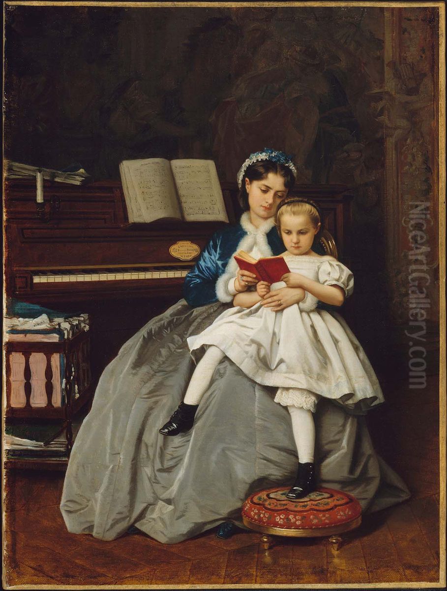Reading Lesson Oil Painting by Toulmouche Auguste