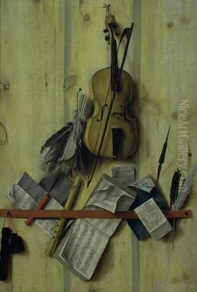 Trompe l'oeil med violin, nodehaefte og blokflojte Oil Painting by Cornelis Norbertus Gijsbrechts