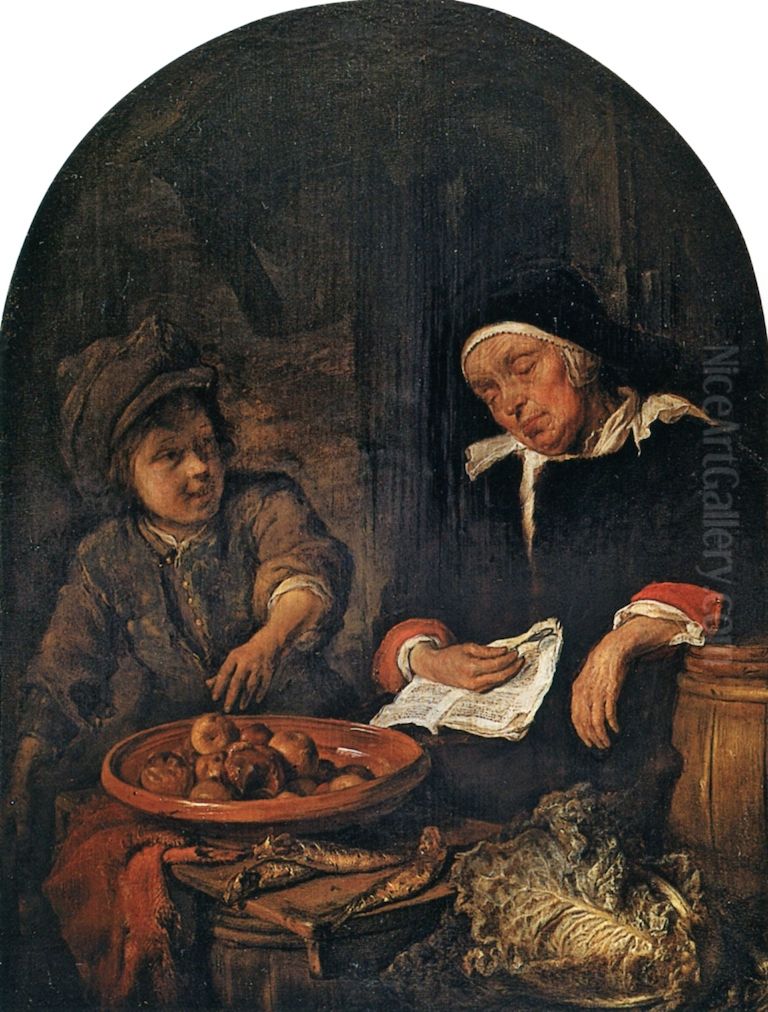 En kone, der saelger frugt og sild Oil Painting by Gabriel Metsu