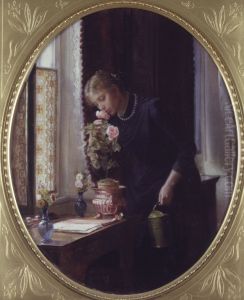 En ung pige, der lugter til en rose