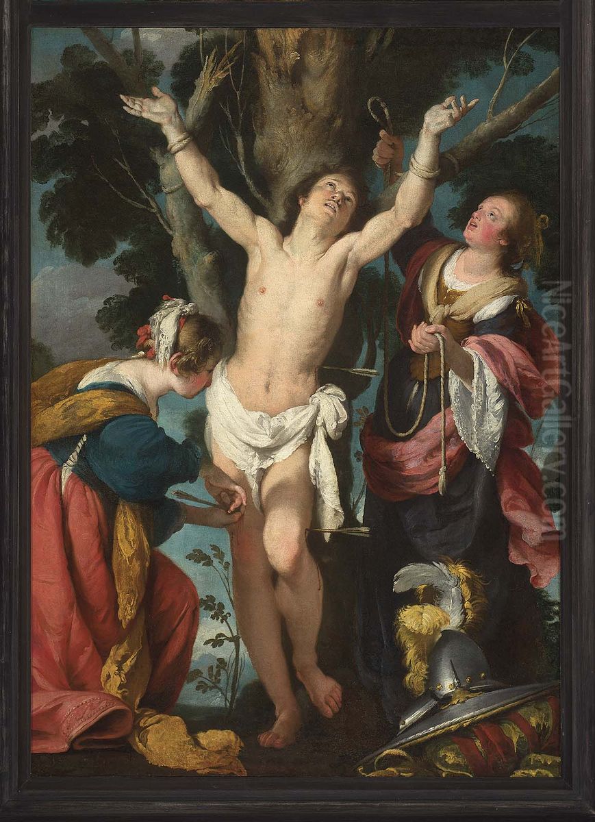 Saint Sebastian Tended by Saint Irene and Her Maid Oil Painting by Bernardo Strozzi