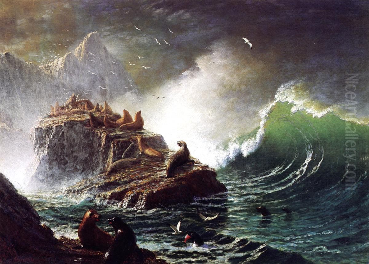 Seals on the Rocks, Farallon Islands Oil Painting by Albert Bierstadt