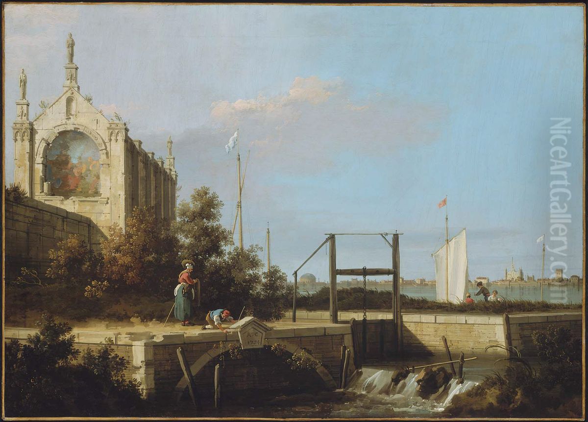 Capriccio of a ruined Gothic Chapel by a Sluice Gate Oil Painting by Canaletto