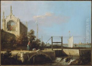 Capriccio of a ruined Gothic Chapel by a Sluice Gate