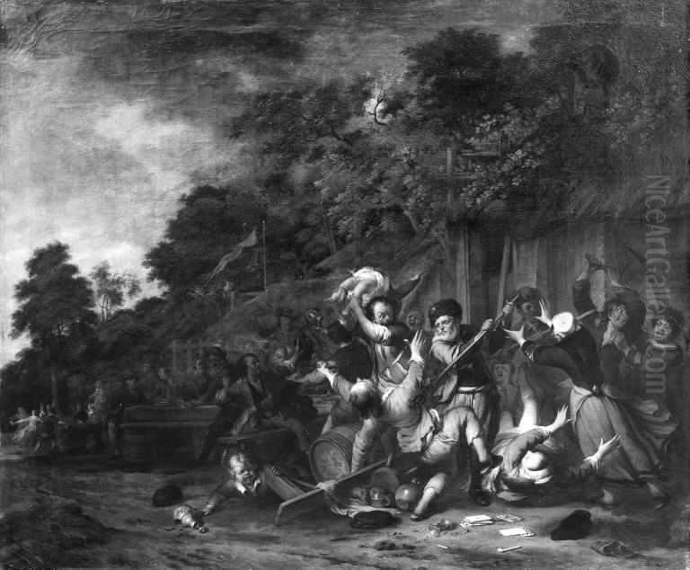 Peasant Brawl near an Inn Oil Painting by Jacob Jansz. Coeman