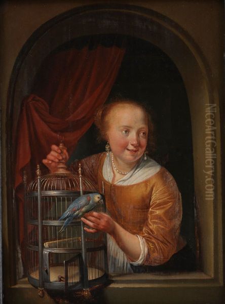 Girl with a Parrot Oil Painting by Pieter Cornelisz van Slingelandt