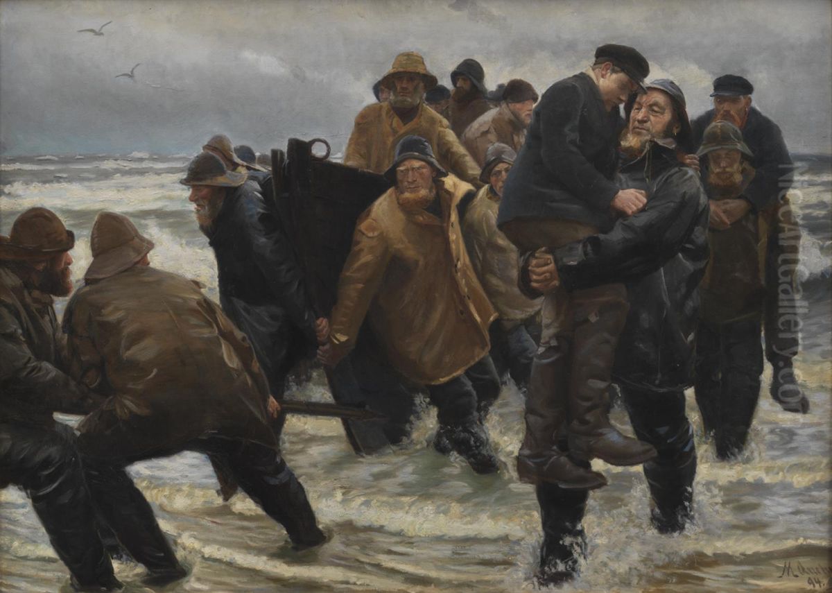 A Crew Rescued Oil Painting by Michael Peter Ancher