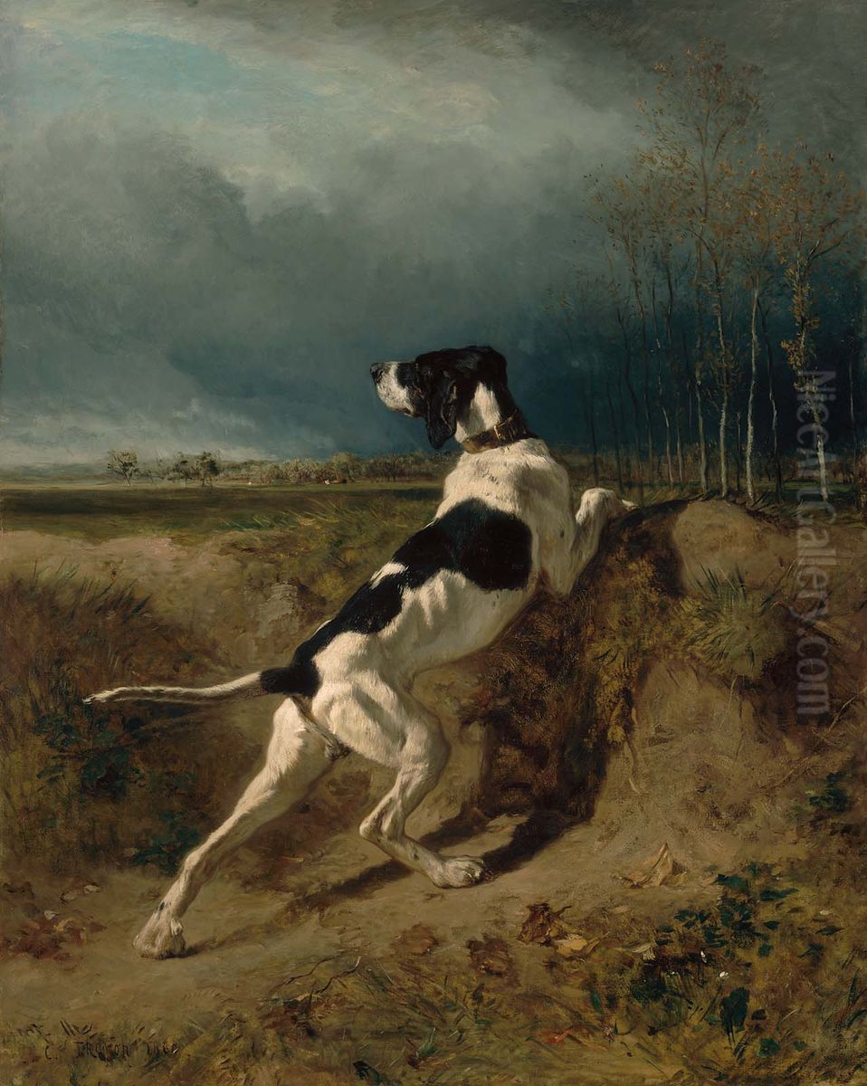 Hound Pointing Oil Painting by Constant Troyon