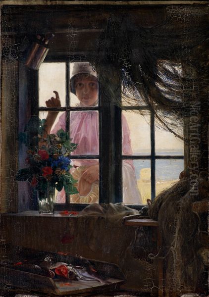 After the Bath. A Young Girl Knocking at the Fisherman's Window Oil Painting by Carl Heinrich Bloch