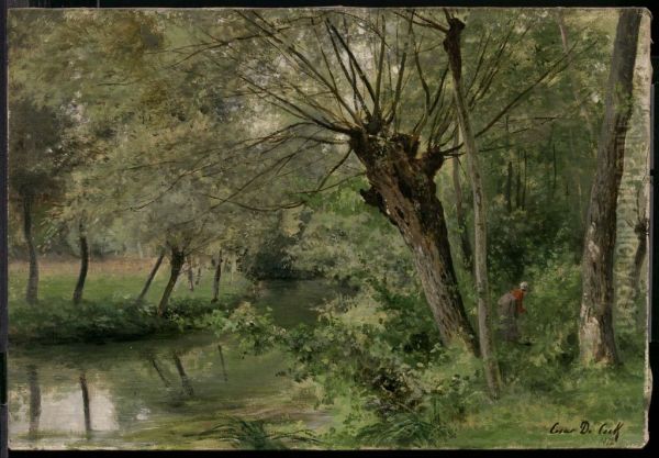 Stream through the Forest Oil Painting by Cesar De Cock