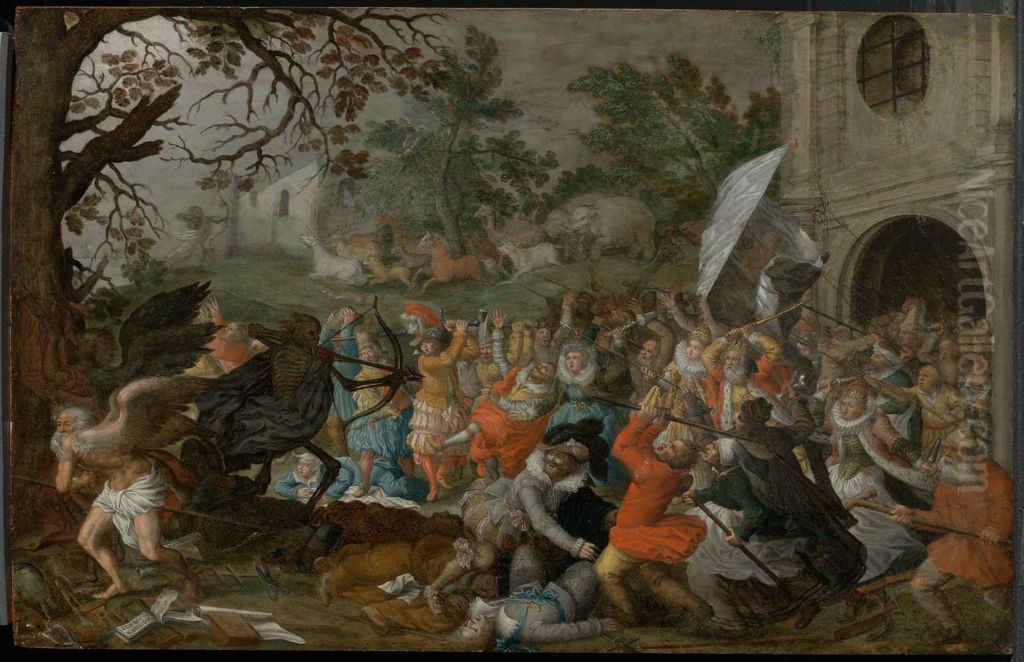 Men and Animals Struggling Against Death & Father Time Oil Painting by David Vinckboons I Men and Animals Struggling Against Death & Father Time Oil Painting by David Vinckboons I