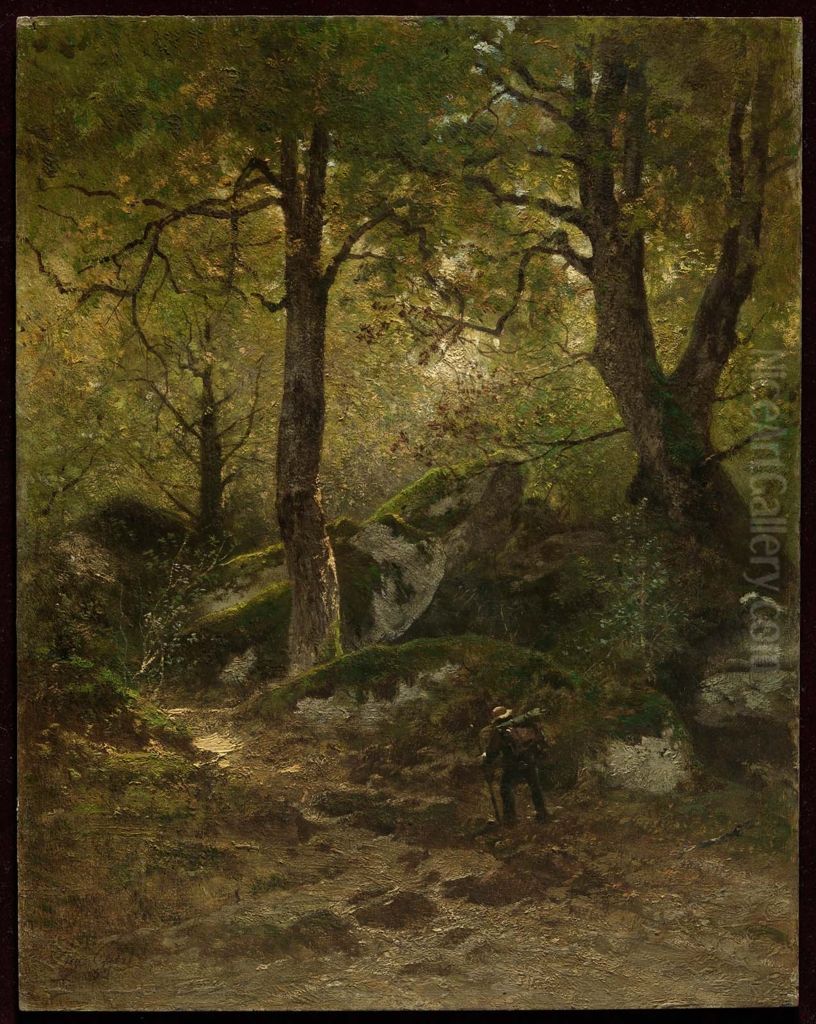 Artist in the Gorge aux Loups, Forest of Fontainebleau Oil Painting by Eugene Ciceri