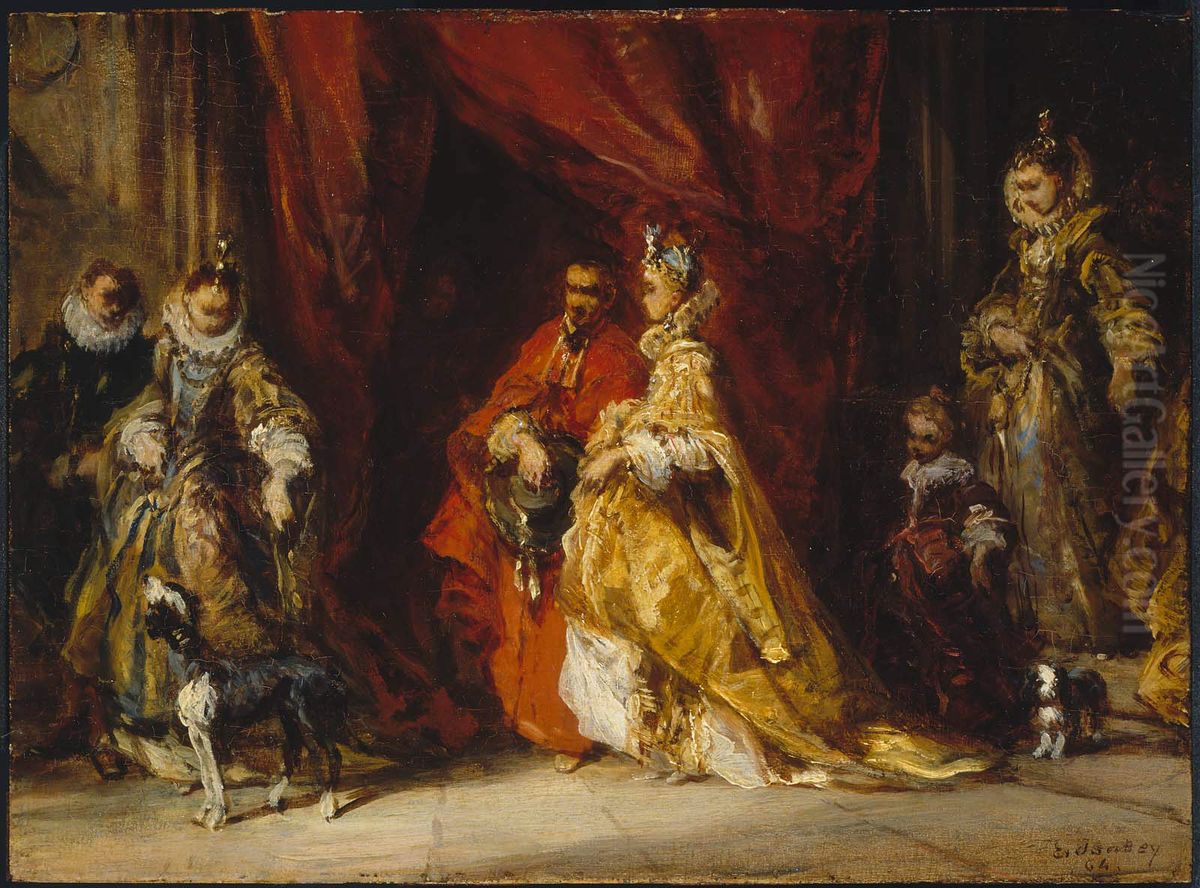 Courtiers in an Interior Oil Painting by Eugene Isabey